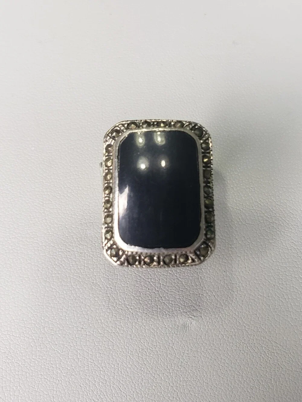 925 Black Onyx Rectangular Silver Accent Ring